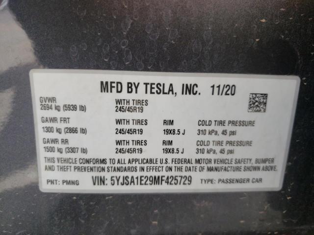 5YJSA1E29MF425729 - 2021 TESLA MODEL S 灰色 照片 13