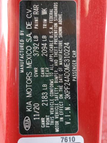 3KPF24AD0ME310224 - 2021 KIA FORTE FE RED photo 12