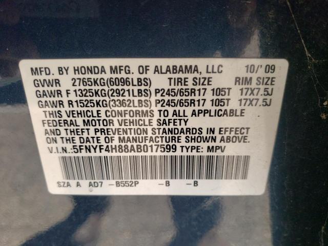 5FNYF4H88AB017599 - 2010 HONDA PILOT TOURING BLUE photo 13