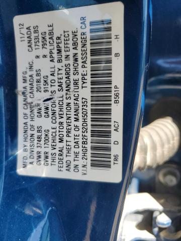 2HGFB2F52DH507357 - 2013 HONDA CIVIC LX BLUE photo 13