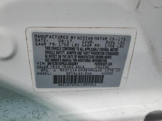 3N1CN7AP0JL804261 - 2018 NISSAN VERSA S WHITE photo 12