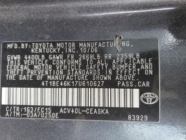 4T1BE46K17U610627 - 2007 TOYOTA CAMRY CE GRAY photo 13