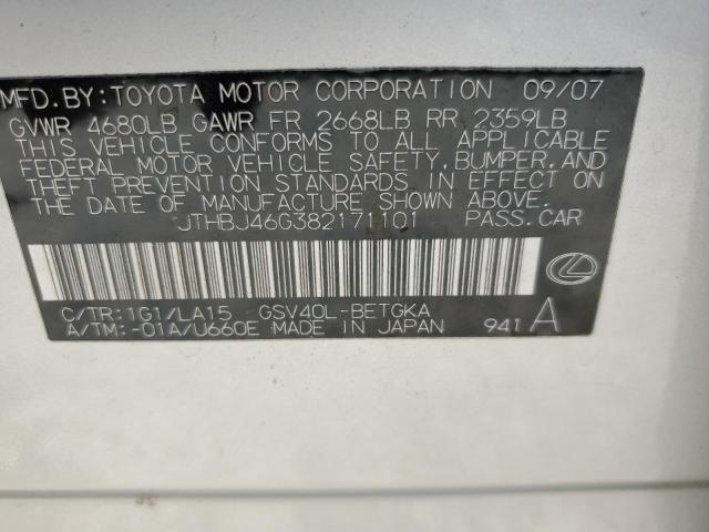 JTHBJ46G382171101 - 2008 LEXUS ES 350 SILVER photo 12