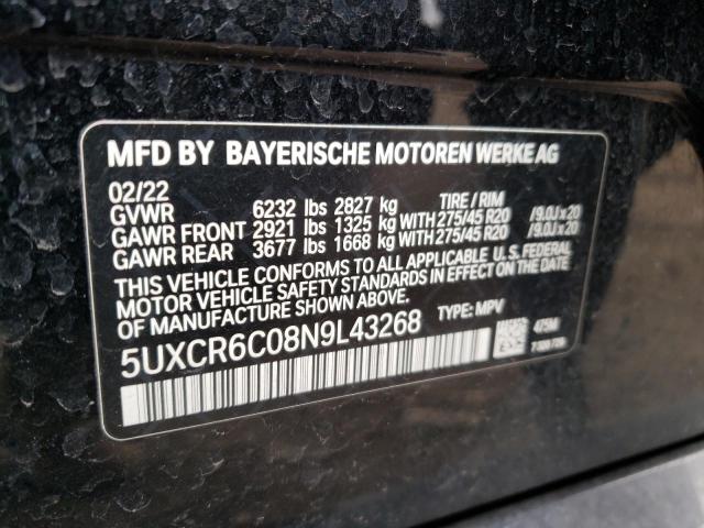 5UXCR6C08N9L43268 - 2022 BMW X5 XDRIVE40I BLACK photo 12