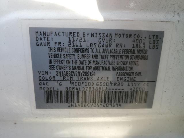 3N1AB8CV2NY209194 - 2022 NISSAN SENTRA SV WHITE photo 12