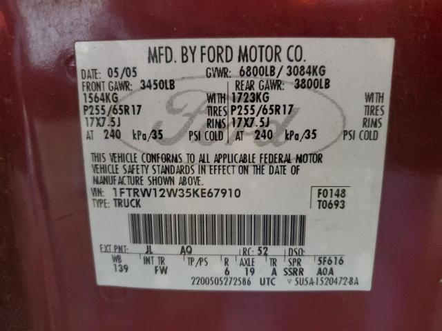 1FTRW12W35KE67910 - 2005 FORD F150 SUPERCREW BURGUNDY photo 12