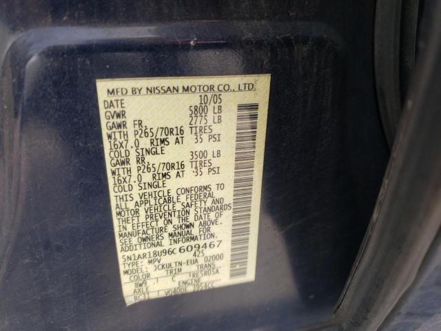 5N1AR18U96C609467 - 2006 NISSAN PATHFINDER LE ლურჯი ფოტო 10