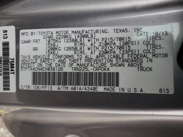 5TFTX4CN4EX038126 - 2014 TOYOTA TACOMA ACCESS CAB ვერცხლისფერი ფოტო 12