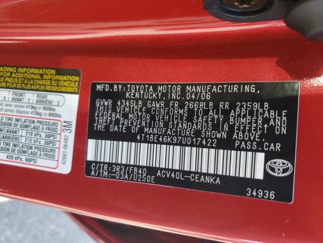 4T1BE46K97U017422 - 2007 TOYOTA CAMRY CE RED photo 12