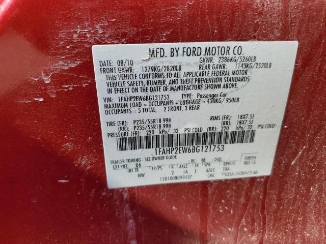 1FAHP2EW6BG121753 - 2011 FORD TAURUS SEL RED photo 12