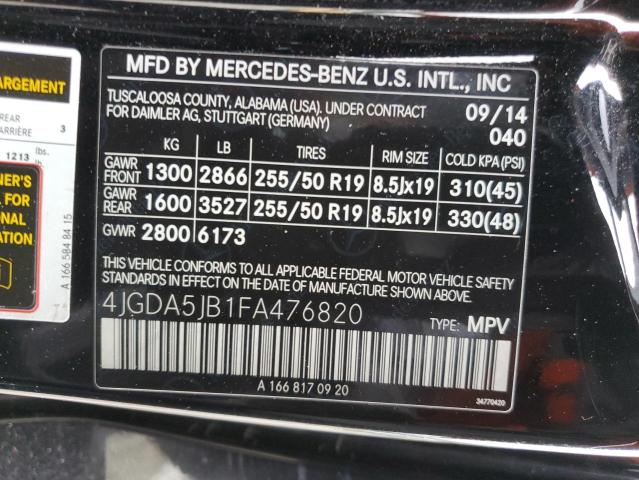 4JGDA5JB1FA476820 - 2015 MERCEDES-BENZ ML 350 BLACK photo 12