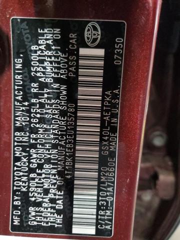 4T1BK1EB3EU135780 - 2014 TOYOTA AVALON BASE 勃艮第红 照片 12