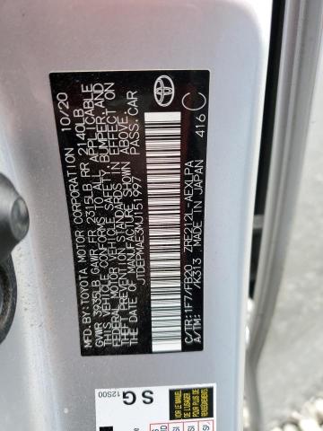 JTDEPMAE3MJ151997 - 2021 TOYOTA COROLLA LE ვერცხლისფერი ფოტო 12