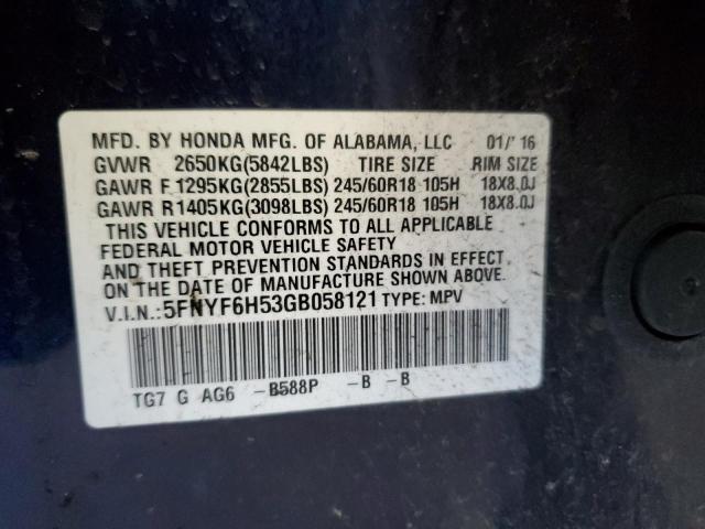 5FNYF6H53GB058121 - 2016 HONDA PILOT EXL BLUE photo 13