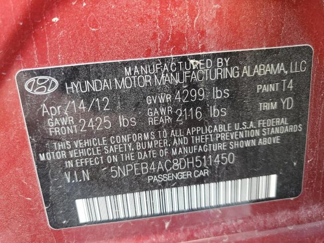 5NPEB4AC8DH511450 - 2013 HYUNDAI SONATA GLS RED photo 12