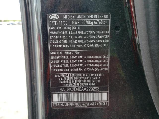 SALSK2D40AA229293 - 2010 LAND ROVER RANGE ROVE LUX BLACK photo 13