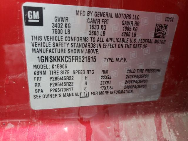 1GNSKKKC5FR521815 - 2015 CHEVROLET SUBURBAN K1500 LTZ RED photo 13