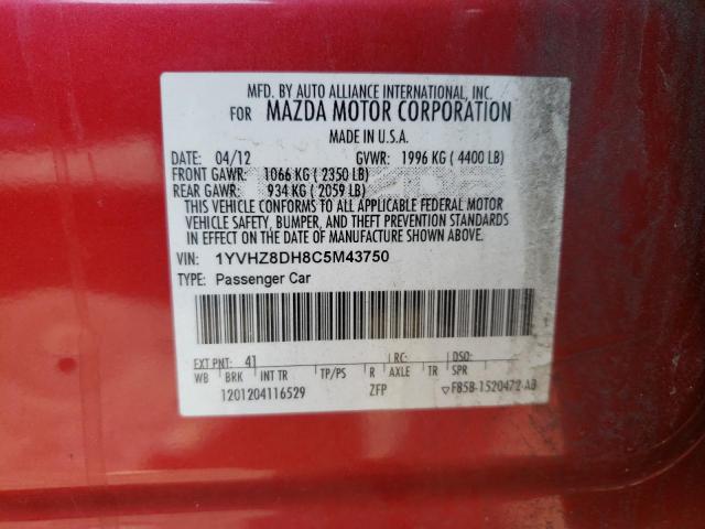 1YVHZ8DH8C5M43750 - 2012 MAZDA 6 I RED photo 12