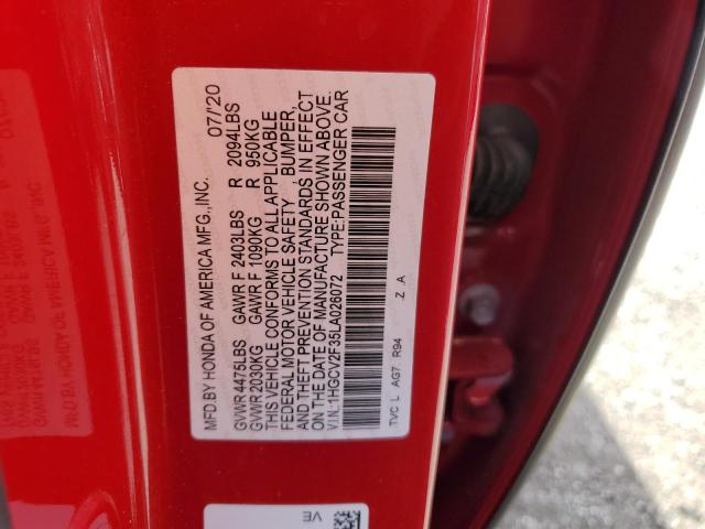 1HGCV2F35LA026072 - 2020 HONDA ACCORD SPORT RED photo 12