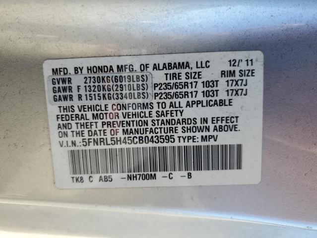 5FNRL5H45CB043595 - 2012 HONDA ODYSSEY EX ვერცხლისფერი ფოტო 13