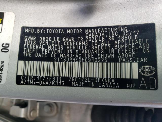 2T1BURHEXHC910225 - 2017 TOYOTA COROLLA L SILVER photo 13