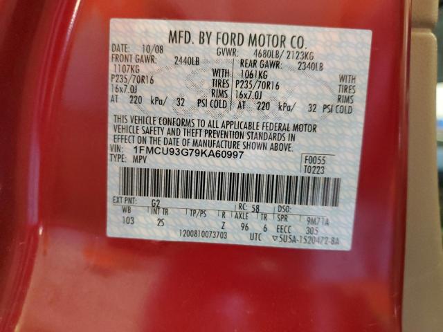 1FMCU93G79KA60997 - 2009 FORD ESCAPE XLT RED photo 12