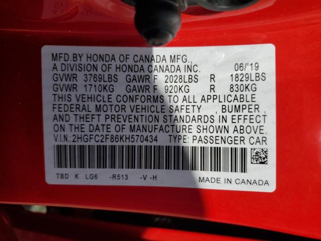 2HGFC2F86KH570434 - 2019 HONDA CIVIC SPORT 红色 照片 12