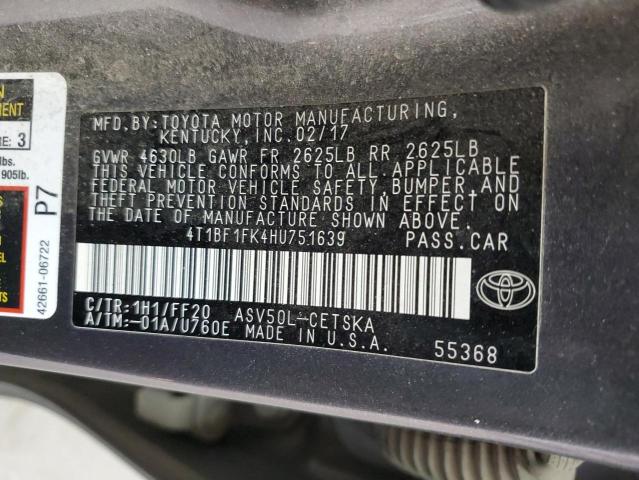 4T1BF1FK4HU751639 - 2017 TOYOTA CAMRY LE GRAY photo 12