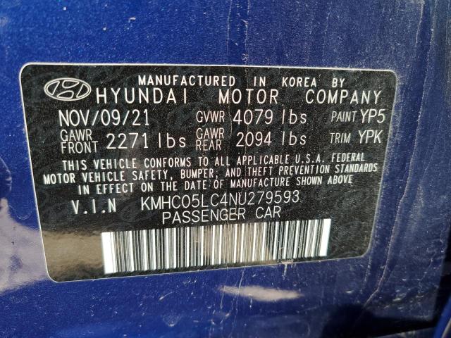 KMHC05LC4NU279593 - 2022 HYUNDAI IONIQ LIMITED BLUE photo 12