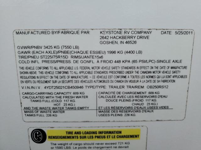 4YDT25021CB450946 - 2012 KEYSTONE OUTBACK WHITE photo 10