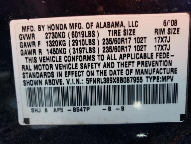 5FNRL389X8B087955 - 2008 HONDA ODYSSEY TOURING BLUE photo 13