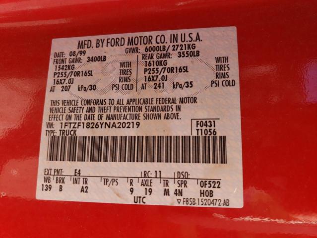 1FTZF1826YNA20219 - 2000 FORD F150 RED photo 12