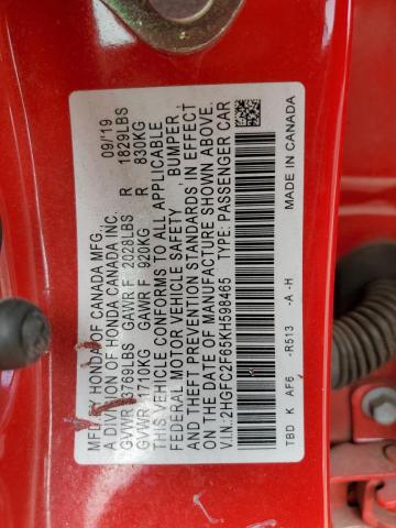 2HGFC2F65KH598465 - 2019 HONDA CIVIC LX RED photo 13