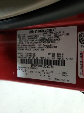 3FAHP0HAXCR360754 - 2012 FORD FUSION SE RED photo 12