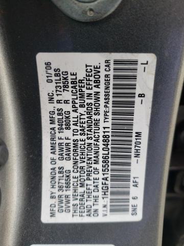 1HGFA15586L048811 - 2006 HONDA CIVIC LX GRAY photo 12