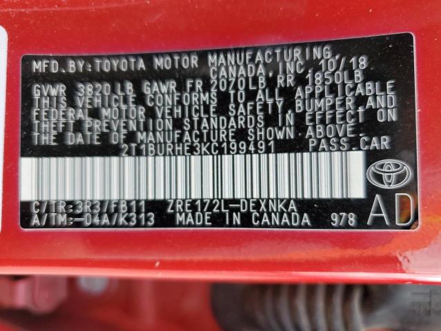 2T1BURHE3KC199491 - 2019 TOYOTA COROLLA L RED photo 12