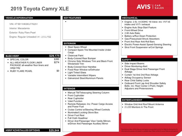 4T1B11HK0KU776251 - 2019 TOYOTA CAMRY L RED photo 13