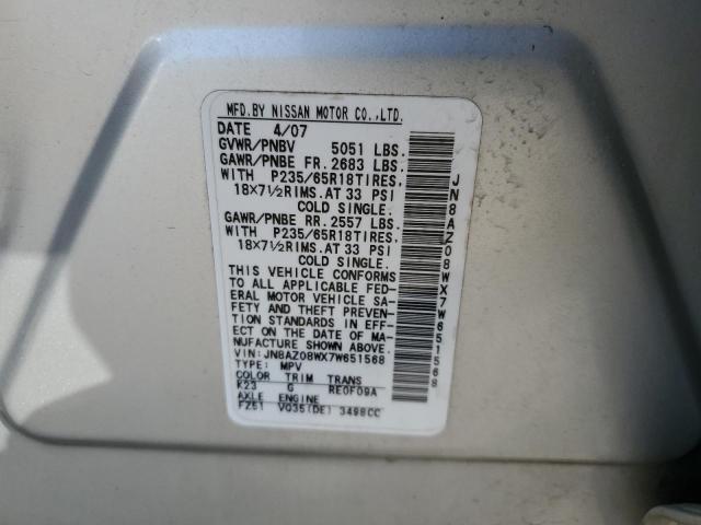 JN8AZ08WX7W651568 - 2007 NISSAN MURANO SL SILVER photo 13