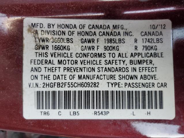 2HGFB2F55CH609282 - 2012 HONDA CIVIC LX MAROON photo 12