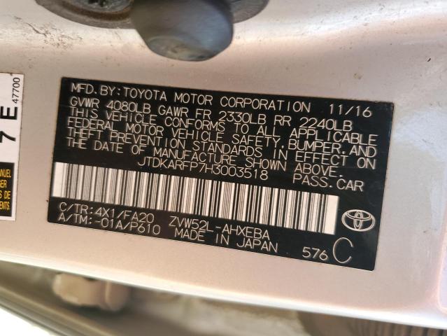 JTDKARFP7H3003518 - 2017 TOYOTA PRIUS PRIM ვერცხლისფერი ფოტო 12