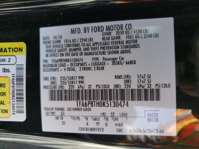 1FA6P8TH0K5130474 - 2019 FORD MUSTANG BLACK photo 12