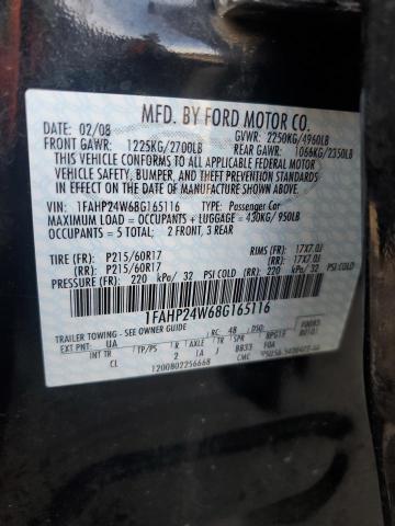 1FAHP24W68G165116 - 2008 FORD TAURUS SEL BLACK photo 12