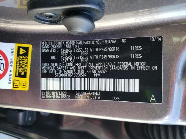 5TDKKRFH6FS050587 - 2015 TOYOTA HIGHLANDER XLE CHARCOAL photo 12