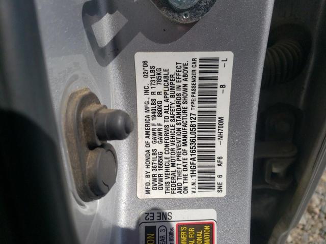 1HGFA16536L058127 - 2006 HONDA CIVIC LX SILVER photo 12