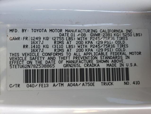 5TETU62N78Z538865 - 2008 TOYOTA TACOMA PRERUNNER ACCESS CAB WHITE photo 12