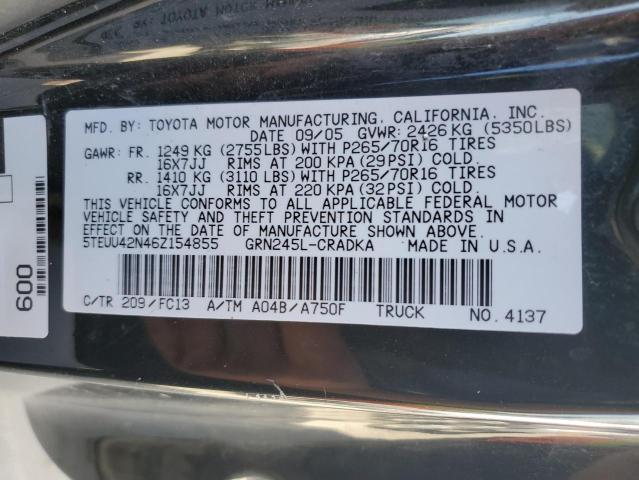 5TEUU42N46Z154855 - 2006 TOYOTA TACOMA ACCESS CAB შავი ფოტო 12