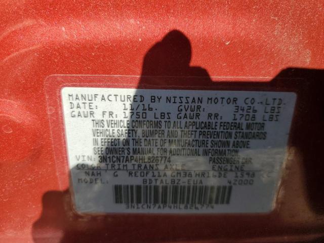 3N1CN7AP4HL826774 - 2017 NISSAN VERSA S RED photo 12