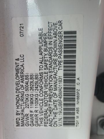 19UUB6F45MA011831 - 2021 ACURA TLX TECHNOLOGY WHITE photo 12