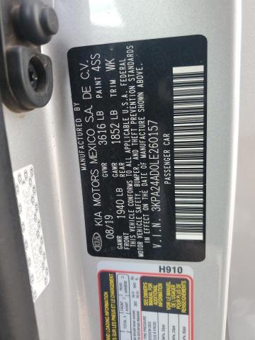 3KPA24AD0LE260157 - 2020 KIA RIO LX SILVER photo 12