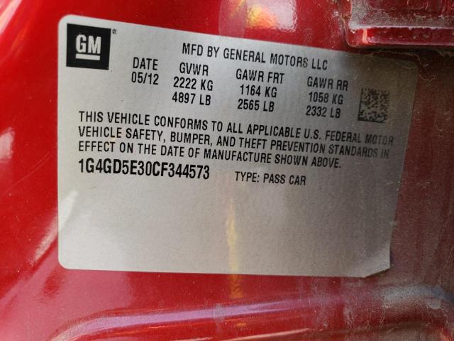 1G4GD5E30CF344573 - 2012 BUICK LACROSSE PREMIUM RED photo 12